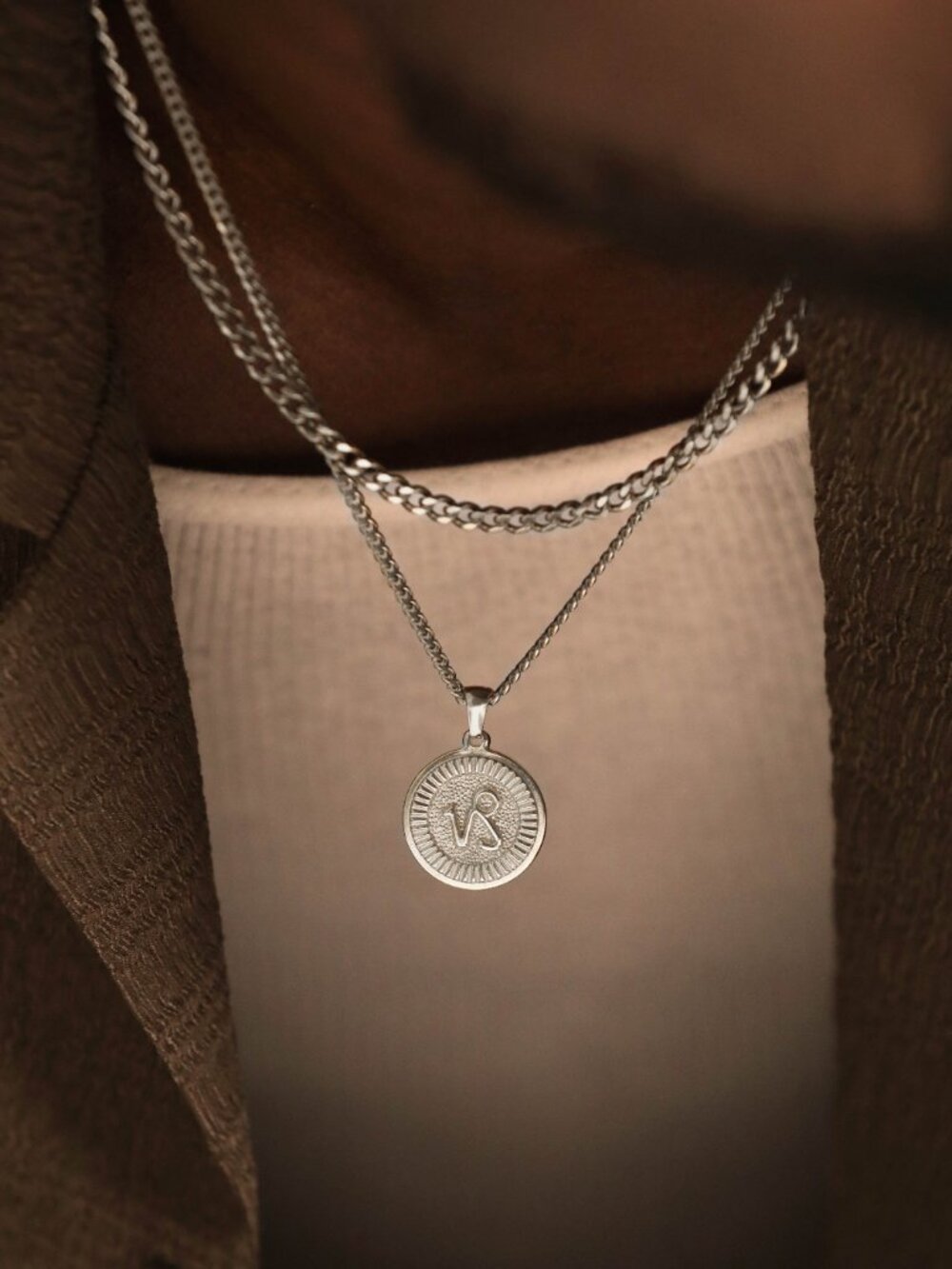 Men's Silver Capricorn Pendant Necklace Set